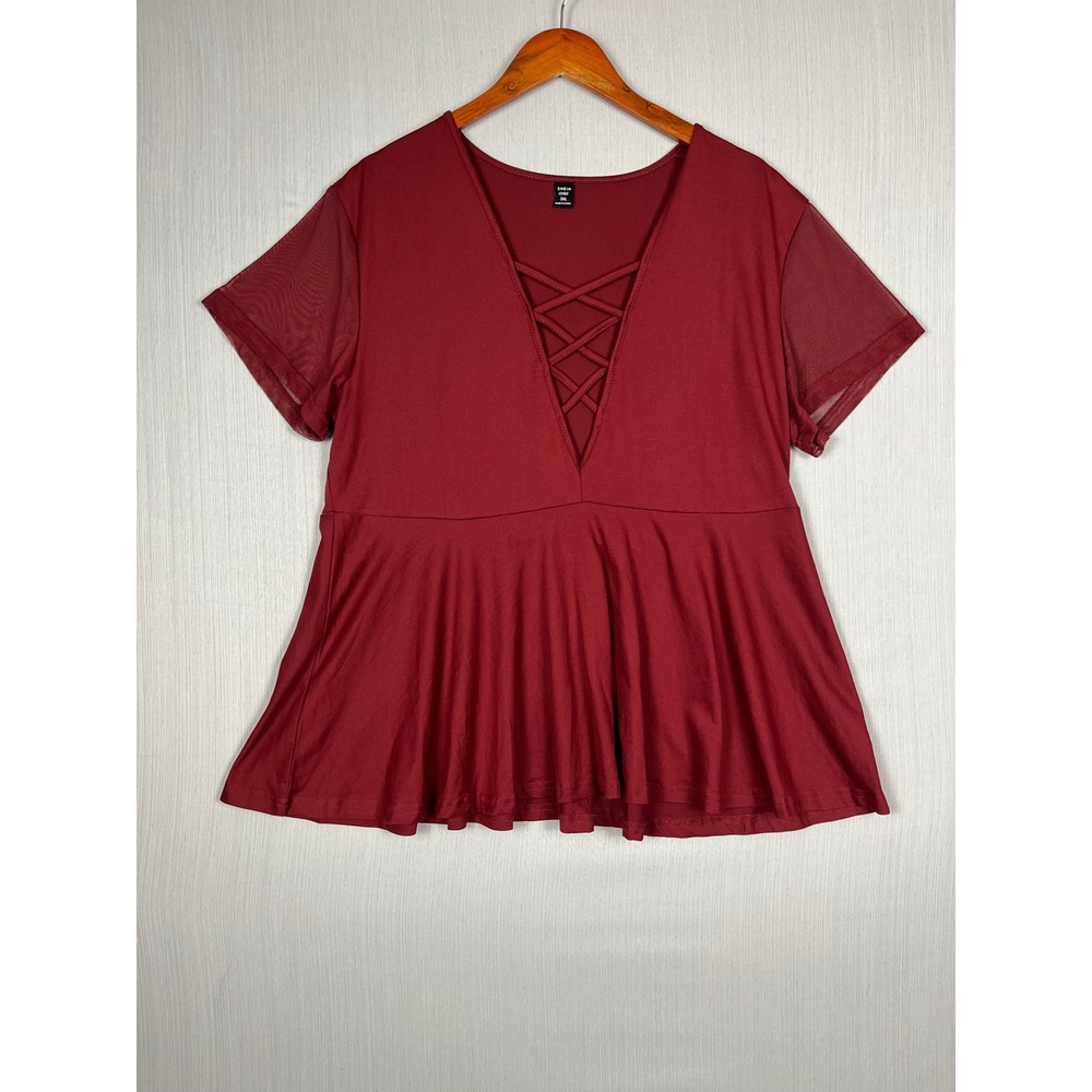 Peplum Top Women 3XL Burgundy Mesh Sleeve Lattice V-Neck Babydoll Goth Romantic - Picture 2 of 9